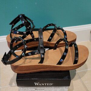 Size 6 - Black Strappy Summer Studded Sandals Flats - Like New